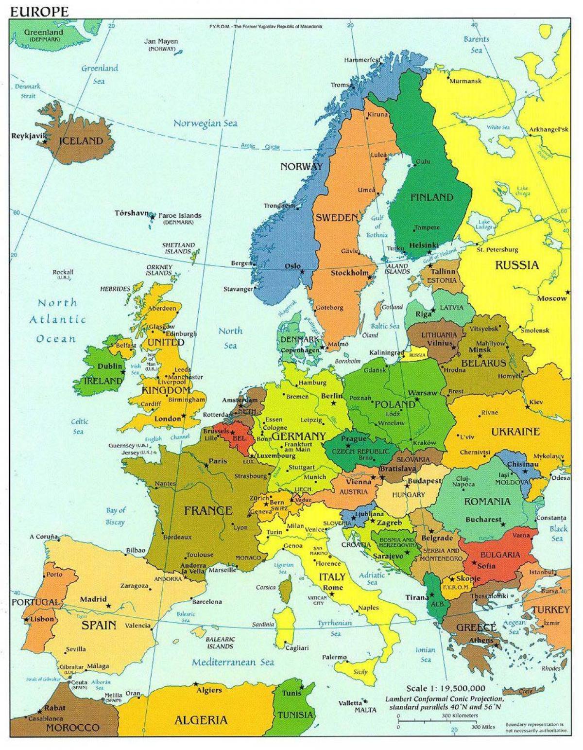 карта на европа, покажува данска